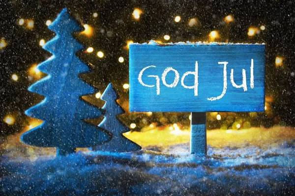 Blue Tree, Gud Jul betyder glædelig jul, snefnug - Stock-foto