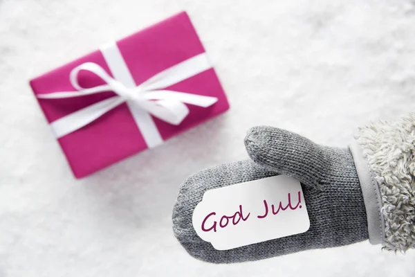 Rosa Geschenk, Handschuh, Gott jul bedeutet frohe Weihnachten — Stockfoto
