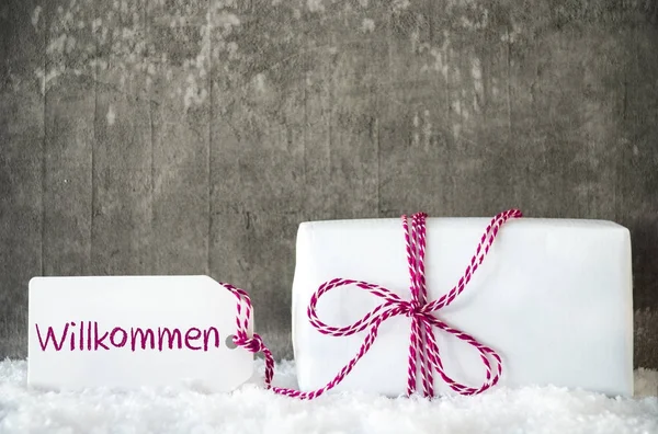 Weißes Geschenk, Schnee, Etikett, willkommen bedeutet willkommen — Stockfoto