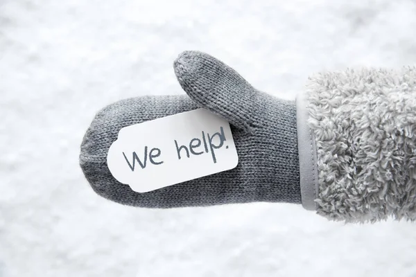 Ull handske, etikett, snö, Text vi hjälpa — Stockfoto
