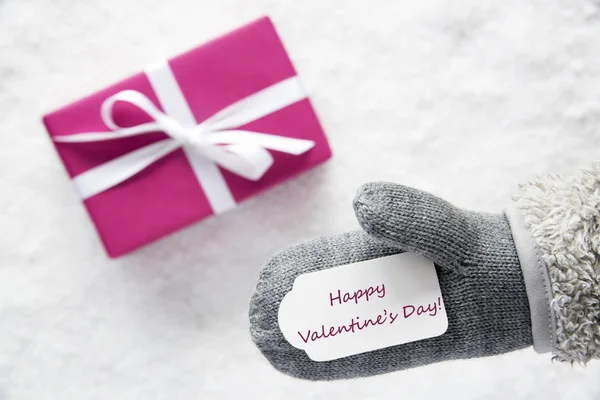 Rosa gåva, handske, Text glad Alla hjärtans dag — Stockfoto
