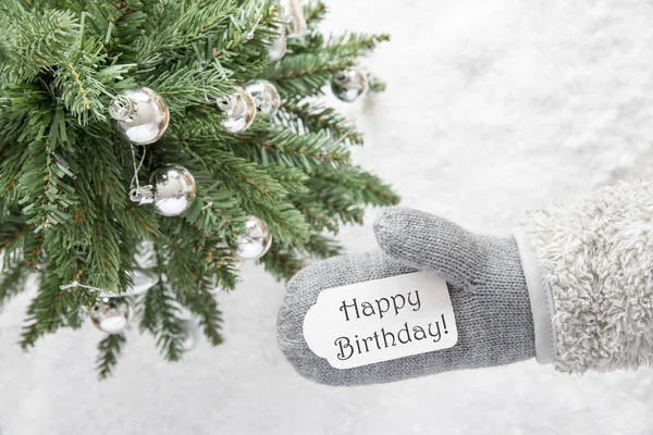 Všechno nejlepší k narozeninám Text vánoční strom, rukavice, — Stock fotografie