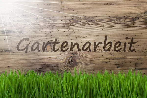 Sunny Wooden Background, Gras, Gartenarbeit Means Gardening — Stock Photo, Image