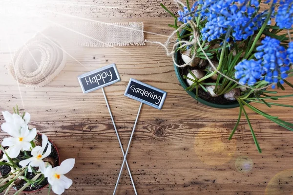 Sonnige Blumen, Schilder, Text glückliche Gartenarbeit — Stockfoto