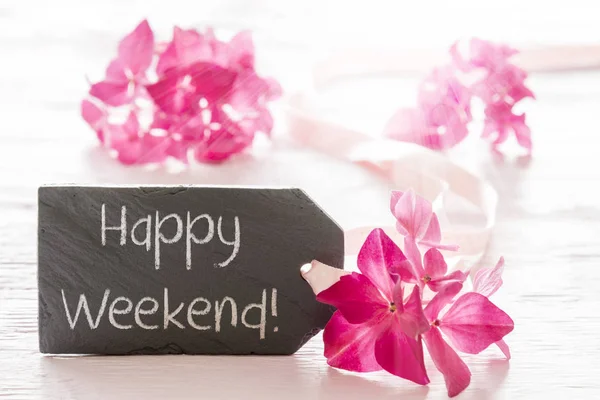 Květ hortenzie, Text Happy víkend — Stock fotografie