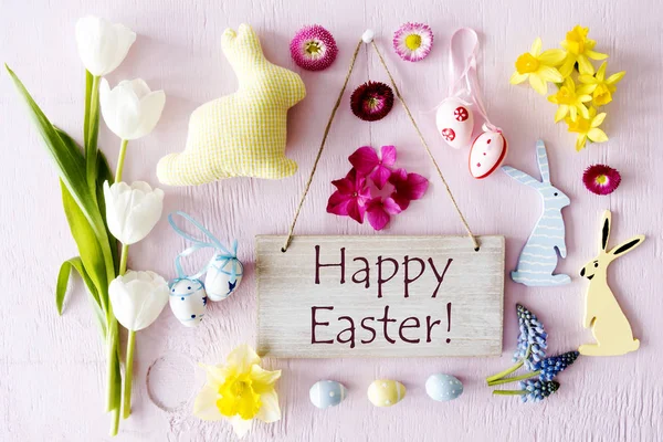Pasen platte Lay, tekst Happy Easter — Stockfoto