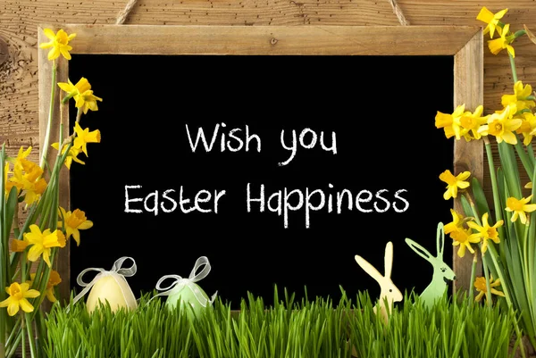 Narcis, vajíčko, zajíček, Text popřát štěstí velikonoční — Stock fotografie