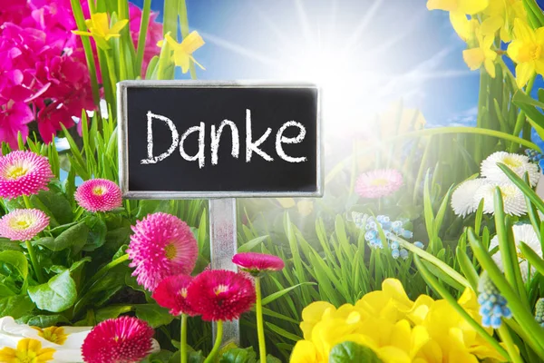 Sunny Spring Flower Meadow, Danke Means Thank You — Stock Photo, Image