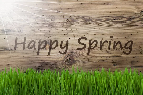 Fondo de madera soleado, Gras, Texto Feliz primavera — Foto de Stock