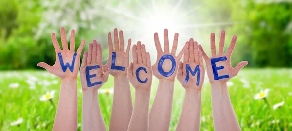 Word Welcome On Hands, Sunny Meadow — Stock Photo, Image