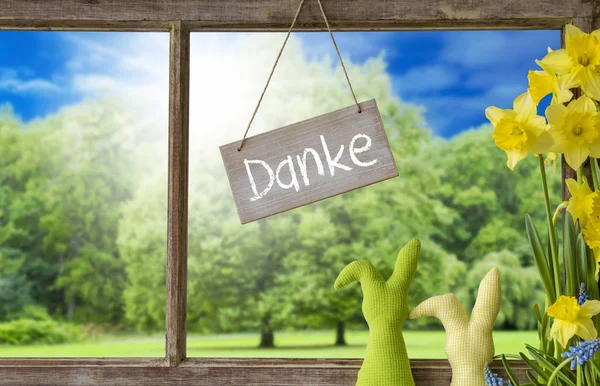 Fönster, påskharen, Danke medel tack — Stockfoto