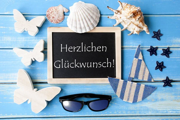 Blackboard With Maritime Decoration, Glueckwunsch Means Congratulations — Stock Photo, Image