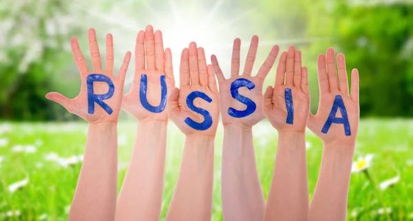 Hands With Russia, Sunny Grass Meadow — Stock Photo, Image
