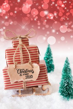 Sled, Snow, Present, Merry Christmas And A Happy 2020, Red Background