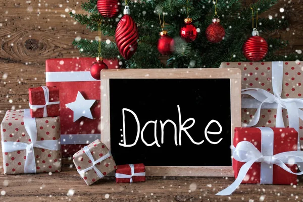 Christmas Tree, Gift, Snowflakes, Text Danke Means Thank You — Stok fotoğraf