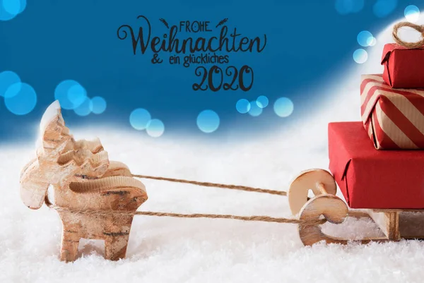Reindeer, Sled, Snow, Blue Background, Glueckliches 2020 Mean Happy 2020 — 图库照片