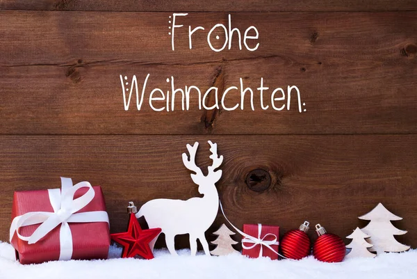 Reindeer, Gift, Tree, Ball, Snow, Frohe Weihnachten Means Merry Christmas — Stockfoto