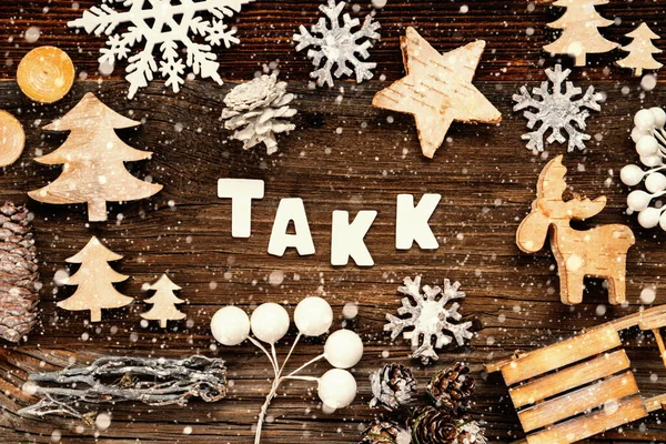 Christmas Decoration, Takk Means Thank You, Tree And Sled, Snowflakes — Φωτογραφία Αρχείου