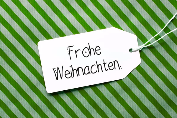 Green Wrapping Paper, Label, Frohe Weihnachten Means Merry Christmas — Stock Photo, Image