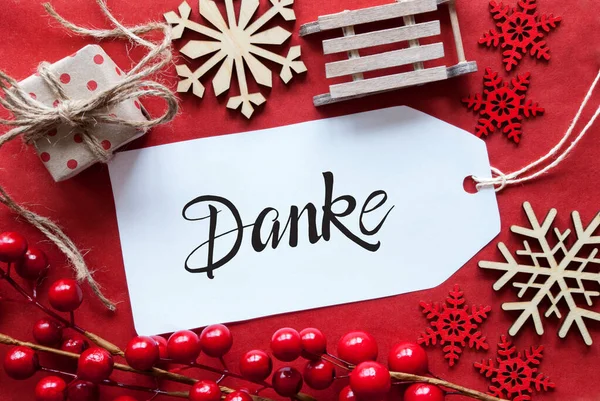 Vermelho brilhante Natal Decoração, Etiqueta, Danke significa obrigado — Fotografia de Stock