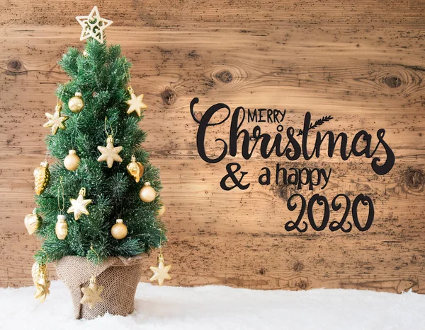 Albero di Natale, Sfondo in legno, Neve, Buon Natale e Felice 2020 — Foto Stock