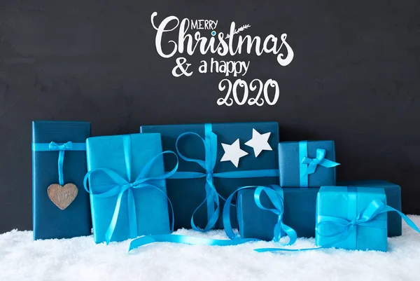 Turquois Gift, Snow, Merry Christmas And A Happy 2020, Black Background — 图库照片