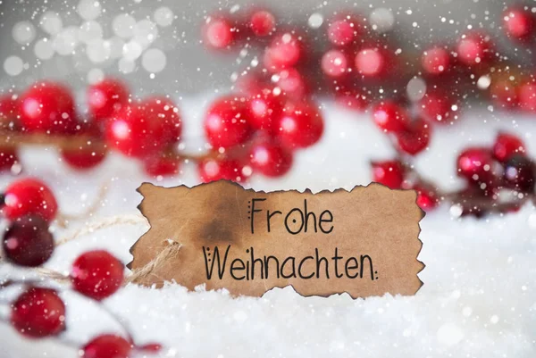 Decoración Roja, Nieve, Etiqueta, Frohe Weihnachten Significa Feliz Navidad, Copos de Nieve —  Fotos de Stock