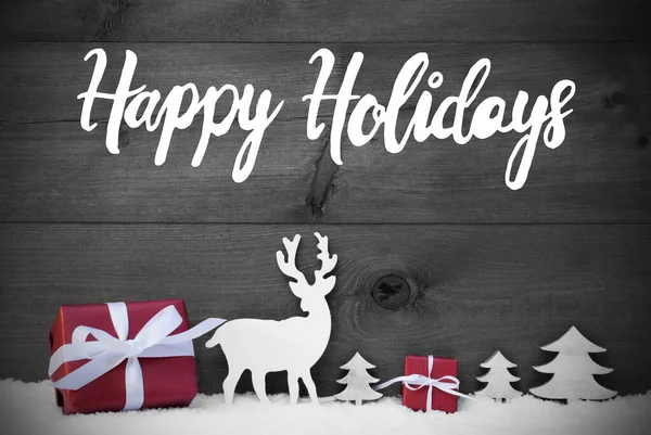Reindeer, Gift, Tree, Snow, Happy Holidays, Black Background — Zdjęcie stockowe