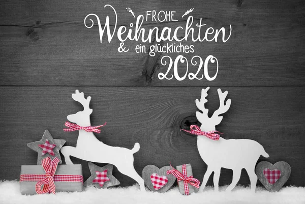 Gift, Deer, Heart, Snow, Glueckliches 2020 Means Happy 2020, Gray Background — стокове фото
