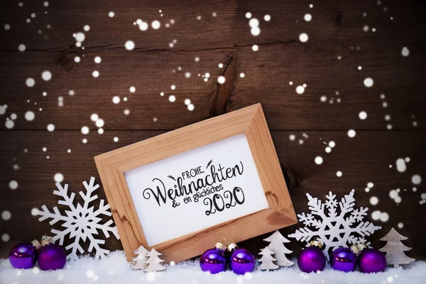 Frame, Purple Ball, Tree, Snow, Snowflakes, Glueckliches 2020 Means Happy 2020 — Stok fotoğraf