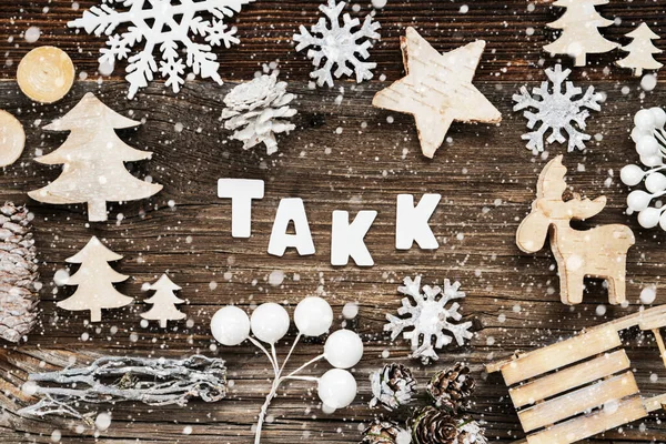 Wooden Christmas Decoration, Takk Means Thank You, Seld And Tree, Snowflakes — стокове фото