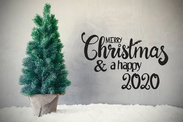 Albero di Natale, Neve, Sfondo Grigio, Buon Natale e Felice 2020 — Foto Stock