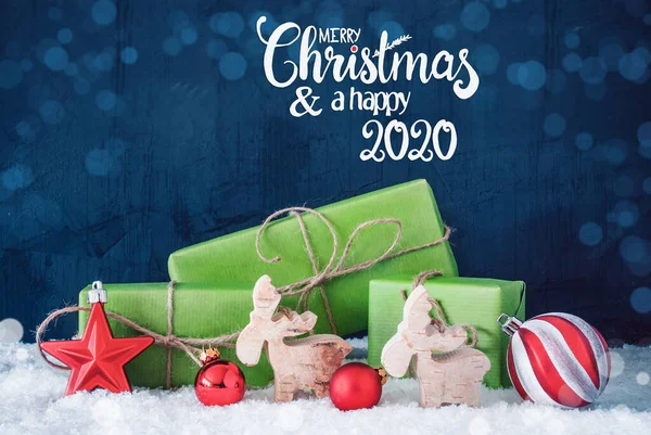 Merry Christmas And A Happy 2020, Green Gift, Ball Ornament, Bokeh — Stock fotografie