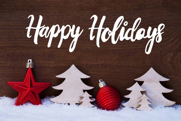Karácsonyfa, hó, piros labda, boldog ünnepeket — Stock Fotó