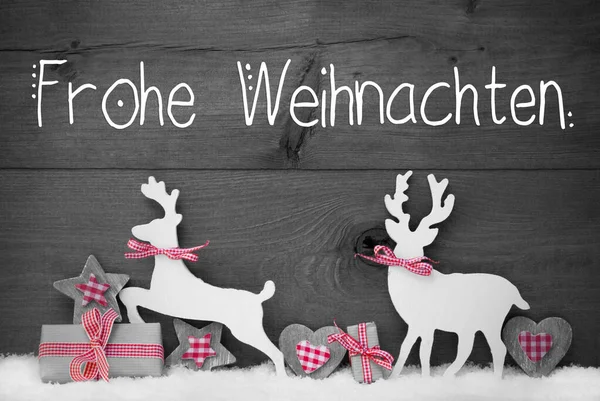 Regalo, Deer, Heart, Snow, Frohe Weihnachten Mean Merry Christmas, Gray Background. —  Fotos de Stock