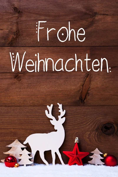Snow, Deer, Tree, Red Ball, Frohe Weihnachten Means Merry Christmas — Stock Photo, Image