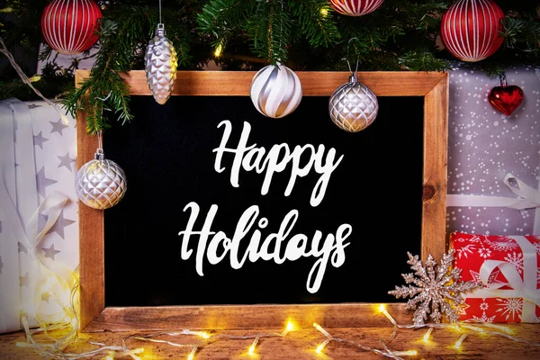 Kalkbräda, Träd, Gåva, Fairy Lights, Text Happy Holidays — Stockfoto