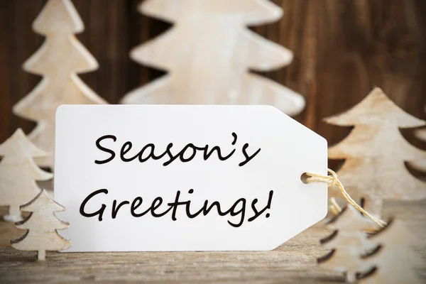 Weihnachtsbaum, Etikett mit englischem Text Seasons Greetings — Stockfoto