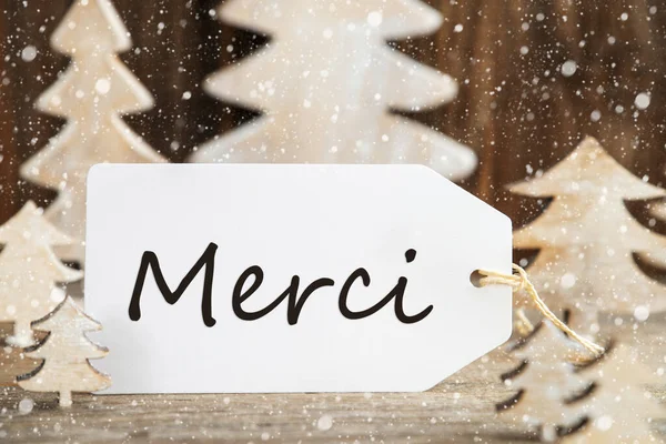 Christmas Tree, Label, Merci означає "Дякую", "Сніжинки" — стокове фото