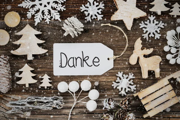 One Label, Frame Of Christmas Decoration, Danke означає "Дякую, Сніжинки" — стокове фото