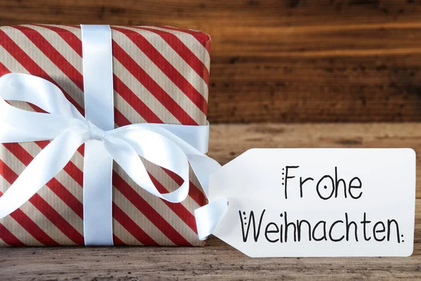 Presentación de Navidad, Label, Frohe Weihnachten Means Feliz Navidad, Bow —  Fotos de Stock