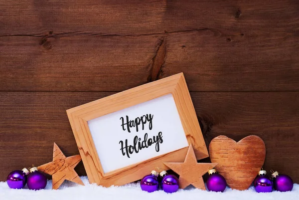 Ram, lila boll, snö, kalligrafi Happy Holidays — Stockfoto