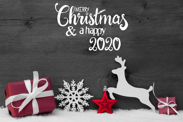 Gift, Deer, Snow, Ball, Merry Christmas And Happy 2020, Gray Background — Foto Stock