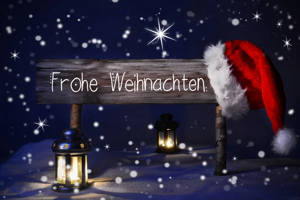 Christmas Night With Snow, Lamp, Frohe Weihnachten Means Merry Christmas — Stock Photo, Image