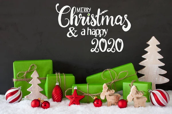 Snow, Tree, Gift, Ball, Merry Christmas And A Happy 2020 — 스톡 사진