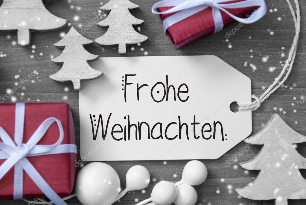 Gifts, Tree, Decoration, Label, Frohe Weihanchten Means Merry Christmas