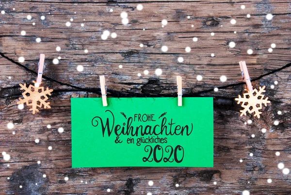 Etykieta ekologiczna, Płatki śniegu, Lina, Glueckliches 2020 oznacza Happy 2020 — Zdjęcie stockowe