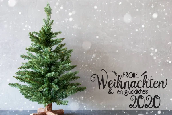 Kerstboom, Glueckliches 2020 Gemiddeld Happy 2020, Grijze achtergrond, Sneeuwvlokken — Stockfoto