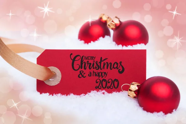 Red Christmas Ball, Snow, Label, Merry Christmas And A Happy 2020, Bokeh — Stock Photo, Image