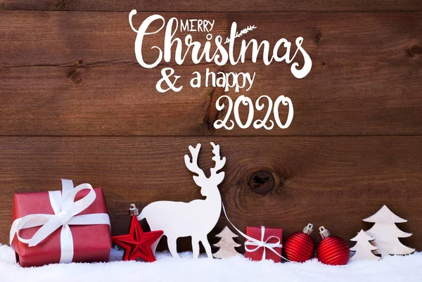 トナカイ、ギフト、木、ボール、雪、メリークリスマスそして幸せな2020 — ストック写真
